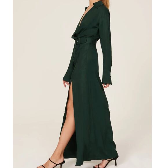 Nicholas Electra Satin Gown 4 Green Long Sleeve Maxi V-Neck A-Line Cocktail Slit - Picture 4 of 15